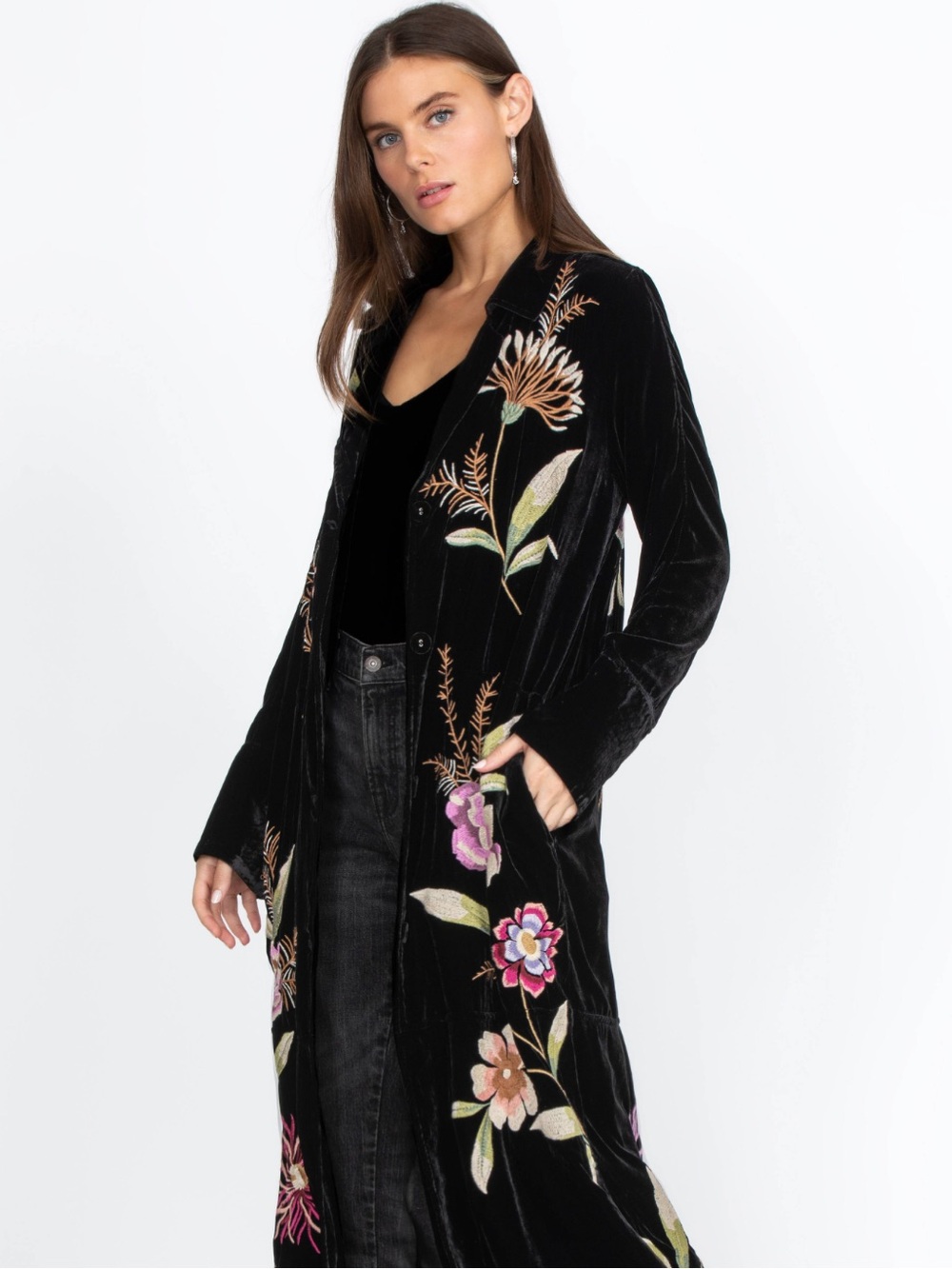 Johnny Was NWT XL Meriah Black Embroidered Velvet Duster Coat